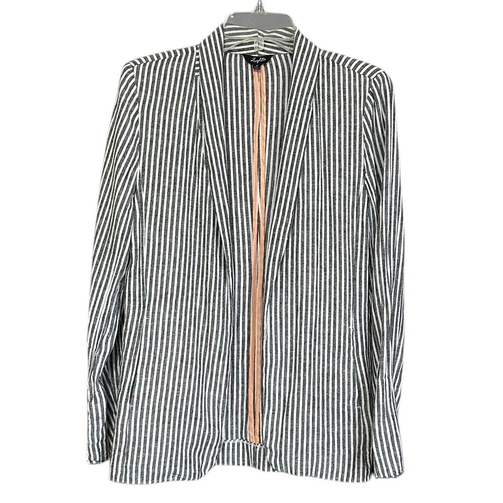 Leighton Womens Black White Striped Linen Blend Open Front Blazer Jacket Size S